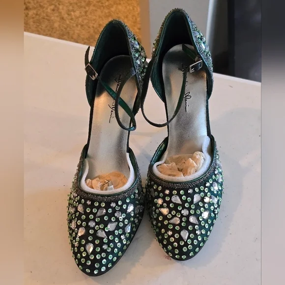 Marichi Mani Heels 8.5 Women Green Metallic Rhinestone Stiletto Party Bridal - Picture 12 of 15
